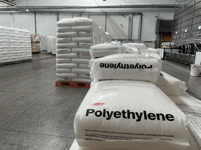 Polyethylene resin bags stored on pallets for film production