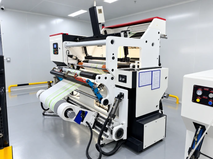 Slitting and rewinding machine with film rolls on rewind shafts