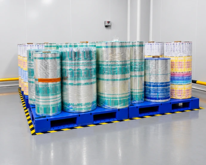 Wrapped printed film rolls staged on blue pallets for shipment