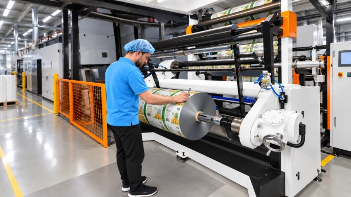 Operator checking a printed film roll at a printing press