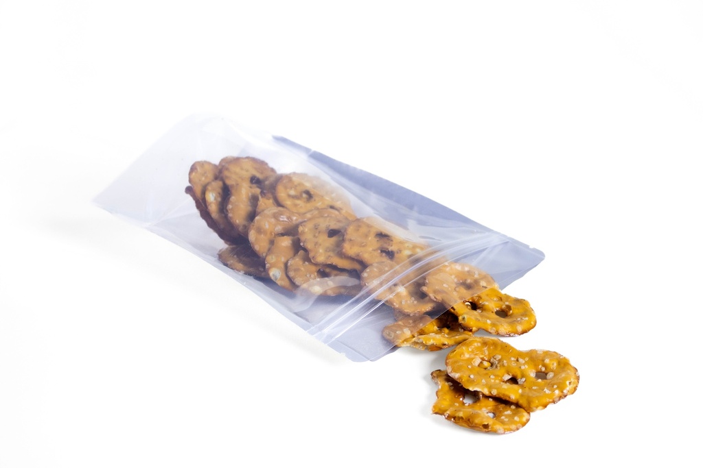 5.4" x 8" x 3" Clear/Silver Stand-Up Pouch with Zipper – Pack of 100 – filled example